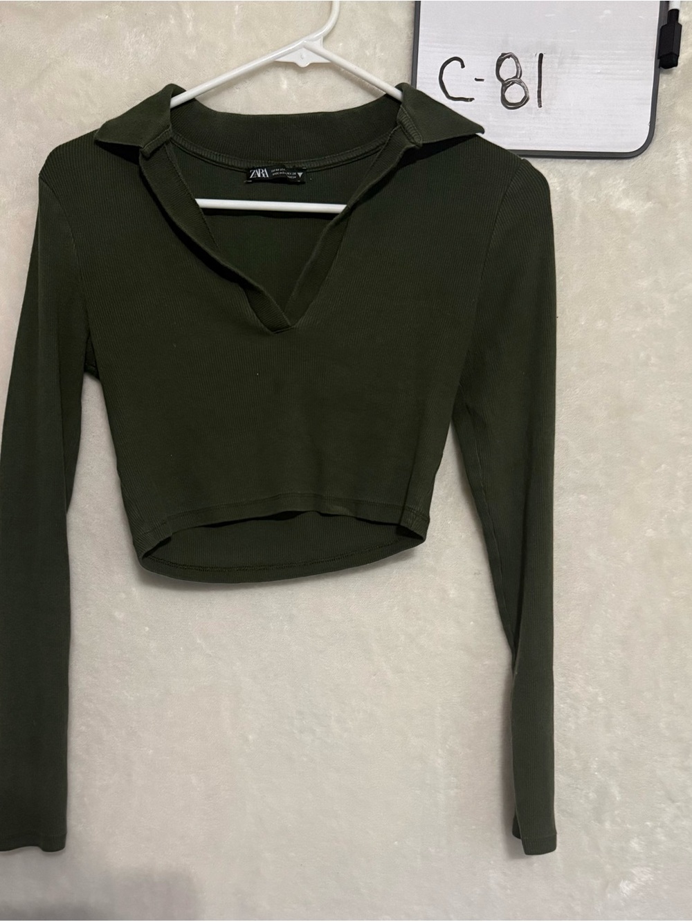 Zara Dark Olive Cropped Long-Sleeve Polo Top
